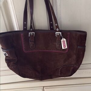 Coach Brown Tote Bag with Textured Fabric and Slouchy Shape.
13 1/2 w 9 height.